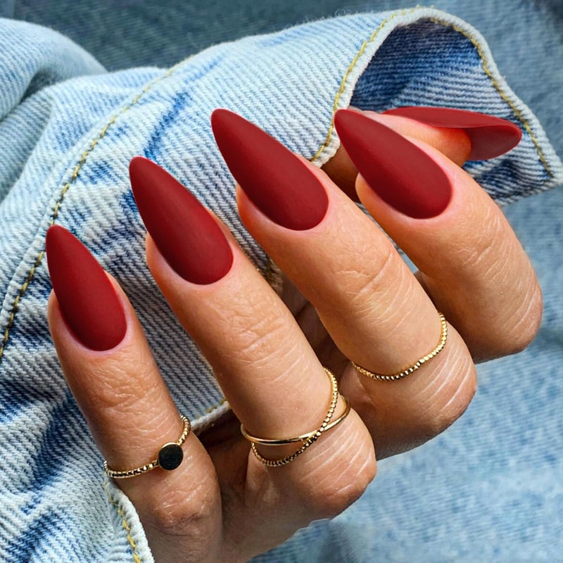 KQueenest 48 Pcs Matte Red Press on Nails Almond Medium Length, Red Nails Press on, Solid Color Medium Fake Nails Acrylic, Stiletto Glue on Nails, Gel Stick on Nails for Women Fall Winter Wear - Image 2